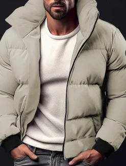 Men's Winter Coat Winter Jacket Puffer Jacket Zipper Pocket Polyster Pocket Office & Career Date Casual Daily Regular Keep Warm Thermal Warm Windproof Outdoor Winter Solid / Plain Color Black Red
