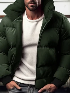 Men's Winter Coat Winter Jacket Puffer Jacket Zipper Pocket Polyster Pocket Office & Career Date Casual Daily Regular Keep Warm Thermal Warm Windproof Outdoor Winter Solid / Plain Color Black Red