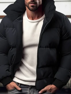 Men's Winter Coat Winter Jacket Puffer Jacket Zipper Pocket Polyster Pocket Office & Career Date Casual Daily Regular Keep Warm Thermal Warm Windproof Outdoor Winter Solid / Plain Color Black Red