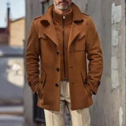 Men's Winter Coat Winter Jacket Trench Coat Fake two piece Wool Pocket Business Casual WorkWear Long Active Vintage Fashion Windproof Warm Winter Solid Colored Black Navy Blue Orange Brown Puffer