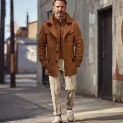 Men's Winter Coat Winter Jacket Trench Coat Fake two piece Wool Pocket Business Casual WorkWear Long Active Vintage Fashion Windproof Warm Winter Solid Colored Black Navy Blue Orange Brown Puffer