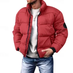 Men's Winter Coat Winter Jacket Puffer Jacket Cardigan Pocket Zipper Pocket Going out Casual Daily Hiking Windproof Warm Winter Pure Color Black Red Light Grey Army Green Puffer Jacket