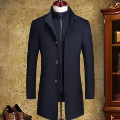 Men's Winter Coat Wool Coat Overcoat Street Business Winter Woolen Thermal Warm Outerwear Clothing Apparel Casual Solid Color Pocket Stand Collar Single Breasted
