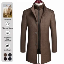 Men's Winter Coat Wool Coat Overcoat Street Business Winter Woolen Thermal Warm Outerwear Clothing Apparel Casual Solid Color Pocket Stand Collar Single Breasted