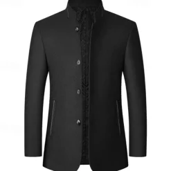 Men's Winter Coat Wool Coat Trench Coat Daily Vacation Fall & Winter Polyester Thermal Warm Outerwear Clothing Apparel Fashion Classic Plain Pocket Stand Collar Single Breasted