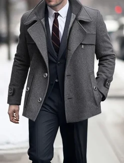 Men's Winter Coat Wool Coat Trench Coat Outdoor Daily Wear Fall & Winter Woolen Thermal Warm Windbreaker Outerwear Clothing Apparel Fashion Streetwear Plain Pocket Lapel Single Breasted