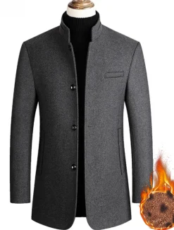 Men's Winter Coat Wool Coat Overcoat Blazer Short Coat Office Work Fall & Winter Wool Windproof Warm Outerwear Clothing Apparel Basic Chic & Modern Solid Colored Stand Collar