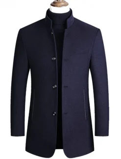 Men's Winter Coat Wool Coat Overcoat Blazer Short Coat Office Work Fall & Winter Wool Windproof Warm Outerwear Clothing Apparel Basic Chic & Modern Solid Colored Stand Collar