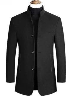 Men's Winter Coat Wool Coat Overcoat Blazer Short Coat Office Work Fall & Winter Wool Windproof Warm Outerwear Clothing Apparel Basic Chic & Modern Solid Colored Stand Collar