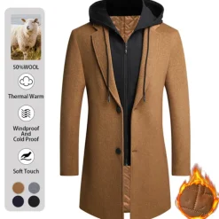 Men's Winter Coat Wool Coat Overcoat Daily Wear Going out Winter Wool Thermal Warm Washable Outerwear Clothing Apparel Fashion Warm Ups Solid Colored Detachable Hood Hooded Single Breasted
