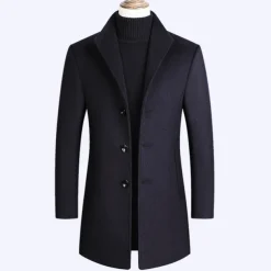 Men's Winter Coat Wool Coat Overcoat Blazer Office Business Winter Wool Windproof Warm Outerwear Clothing Apparel Office / Business Solid Color Pocket Stand Collar Single Breasted One-button
