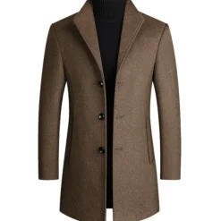 Men's Winter Coat Wool Coat Overcoat Blazer Office Business Winter Wool Windproof Warm Outerwear Clothing Apparel Office / Business Solid Color Pocket Stand Collar Single Breasted One-button