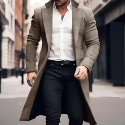Men's Winter Coat Wool Coat Overcoat Office & Career Daily Wear Winter Polyester Thermal Warm Washable Outerwear Clothing Apparel Fashion Warm Ups Plain Pocket Lapel Single Breasted