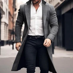 Men's Winter Coat Wool Coat Overcoat Office & Career Daily Wear Winter Polyester Thermal Warm Washable Outerwear Clothing Apparel Fashion Warm Ups Plain Pocket Lapel Single Breasted