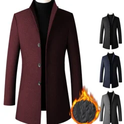 Men's Winter Coat Wool Coat Overcoat Business Daily Wear Fall Winter Wool Thermal Warm Outdoor Outerwear Clothing Apparel Fashion Warm Ups Solid Colored Pocket Standing Collar Single Breasted