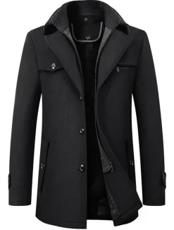 Men's Winter Coat Wool Coat Overcoat Business WorkWear Winter Wool Windproof Warm Outerwear Clothing Apparel Basic Essential Solid Colored Turndown