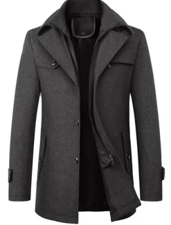 Men's Winter Coat Wool Coat Overcoat Business WorkWear Winter Wool Windproof Warm Outerwear Clothing Apparel Basic Essential Solid Colored Turndown