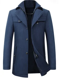 Men's Winter Coat Wool Coat Overcoat Business WorkWear Winter Wool Windproof Warm Outerwear Clothing Apparel Basic Essential Solid Colored Turndown