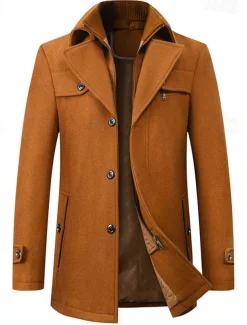 Men's Winter Coat Wool Coat Overcoat Business WorkWear Winter Wool Windproof Warm Outerwear Clothing Apparel Basic Essential Solid Colored Turndown