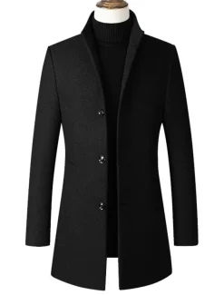 Men's Winter Coat Wool Coat Overcoat Office & Career Daily Wear Winter Polyester Thermal Warm Washable Outerwear Clothing Apparel Fashion Warm Ups Solid Colored Pocket Standing Collar Single Breasted