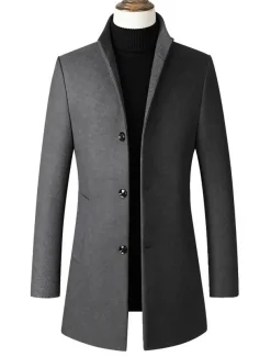 Men's Winter Coat Wool Coat Overcoat Office & Career Daily Wear Winter Polyester Thermal Warm Washable Outerwear Clothing Apparel Fashion Warm Ups Solid Colored Pocket Standing Collar Single Breasted