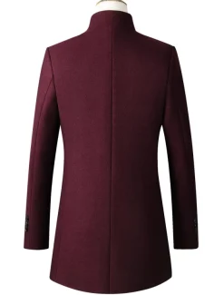 Men's Winter Coat Wool Coat Overcoat Office & Career Daily Wear Winter Polyester Thermal Warm Washable Outerwear Clothing Apparel Fashion Warm Ups Solid Colored Pocket Standing Collar Single Breasted