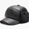 Men's Winter Faux Leather Baseball Cap – Warm Fleece-Lined with Ear Flaps, Stylish Black Cold Weather Hat for Outdoor Activities and Casual Wear
