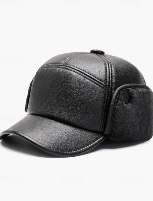 Men's Winter Faux Leather Baseball Cap – Warm Fleece-Lined with Ear Flaps, Stylish Black Cold Weather Hat for Outdoor Activities and Casual Wear