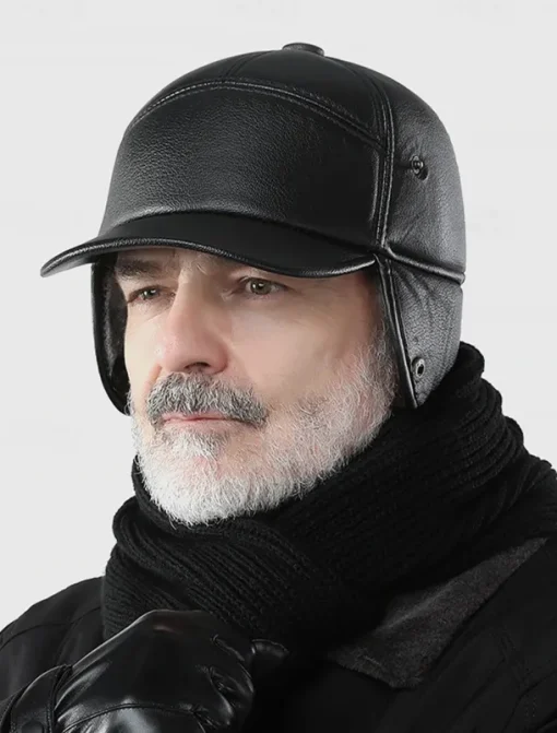 Men's Winter Faux Leather Baseball Cap – Warm Fleece-Lined with Ear Flaps, Stylish Black Cold Weather Hat for Outdoor Activities and Casual Wear
