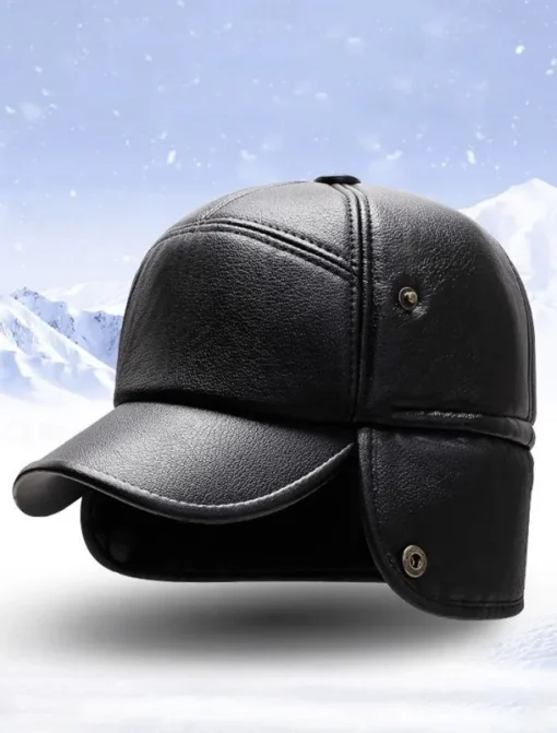 Men's Winter Faux Leather Baseball Cap – Warm Fleece-Lined with Ear Flaps, Stylish Black Cold Weather Hat for Outdoor Activities and Casual Wear