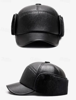 Men's Winter Faux Leather Baseball Cap – Warm Fleece-Lined with Ear Flaps, Stylish Black Cold Weather Hat for Outdoor Activities and Casual Wear