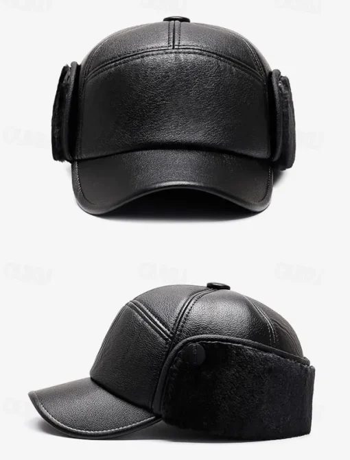 Men's Winter Faux Leather Baseball Cap – Warm Fleece-Lined with Ear Flaps, Stylish Black Cold Weather Hat for Outdoor Activities and Casual Wear