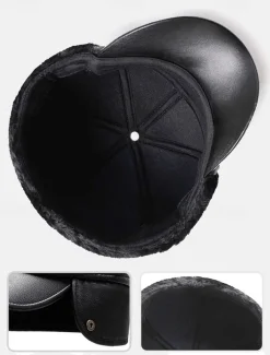 Men's Winter Faux Leather Baseball Cap – Warm Fleece-Lined with Ear Flaps, Stylish Black Cold Weather Hat for Outdoor Activities and Casual Wear