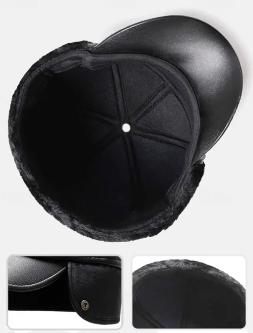 Men's Winter Faux Leather Baseball Cap – Warm Fleece-Lined with Ear Flaps, Stylish Black Cold Weather Hat for Outdoor Activities and Casual Wear