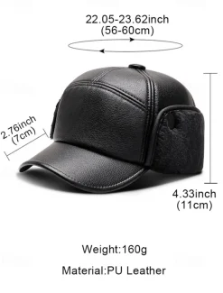 Men's Winter Faux Leather Baseball Cap – Warm Fleece-Lined with Ear Flaps, Stylish Black Cold Weather Hat for Outdoor Activities and Casual Wear