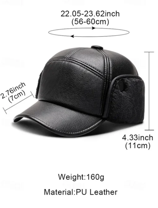 Men's Winter Faux Leather Baseball Cap – Warm Fleece-Lined with Ear Flaps, Stylish Black Cold Weather Hat for Outdoor Activities and Casual Wear