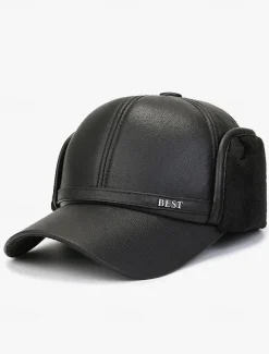 Men's Winter Faux Leather Baseball Cap – Warm Fleece-Lined with Ear Flaps, Stylish Black Cold Weather Hat for Outdoor Activities and Casual Wear