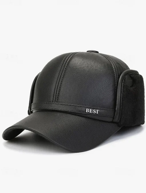 Men's Winter Faux Leather Baseball Cap – Warm Fleece-Lined with Ear Flaps, Stylish Black Cold Weather Hat for Outdoor Activities and Casual Wear