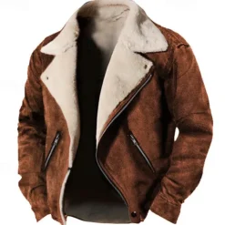 Men's Winter Jacket Fleece Jacket Sherpa Jacket Faux Suede Jacket Vacation Daily Thermal Warm Pocket Fleece Fall & Winter Plain Fashion Streetwear Lapel Regular Faux Leather Black Brown Green Jacket