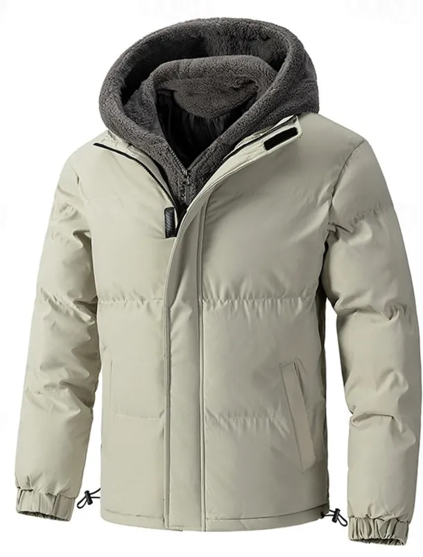 Men's Winter Jacket Puffer Jacket Fleece Jacket Padded 2 in 1 Fake two piece Polyster Hoodie Pocket Outdoor Date Casual Daily Regular Fashion Casual Thermal Warm Windproof Winter Plain Dark Grey