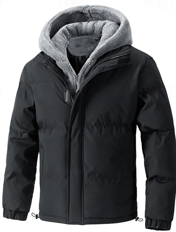 Men's Winter Jacket Puffer Jacket Fleece Jacket Padded 2 in 1 Fake two piece Polyster Hoodie Pocket Outdoor Date Casual Daily Regular Fashion Casual Thermal Warm Windproof Winter Plain Dark Grey