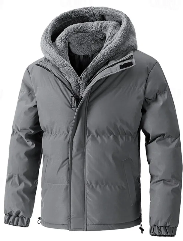 Men's Winter Jacket Puffer Jacket Fleece Jacket Padded 2 in 1 Fake two piece Polyster Hoodie Pocket Outdoor Date Casual Daily Regular Fashion Casual Thermal Warm Windproof Winter Plain Dark Grey