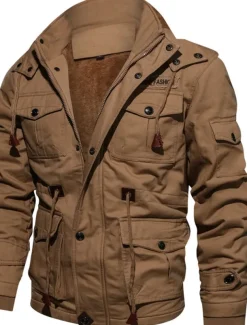 Men's Winter Jacket Winter Coat Work Jacket Street Causal Warm Vintage Style Fall Winter Solid Color Cotton ArmyGreen Black khaki Jacket