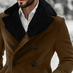 Men's Winter Jacket Wool Coat Coat Christmas Outdoor Fur Trim Buttons Winter Solid Color Christmas Elegant Fold-over Collar Regular Black Brown Jacket