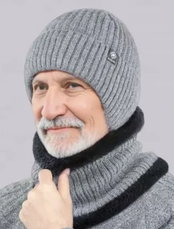 Men's Winter Knit Beanie Hat with Scarf Set – Warm Fleece-Lined for Cold Weather Protection