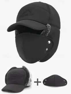Men's Winter Thermal Insulated Cap with Detachable Face Mask - Windproof and Waterproof Earflap Hat for Outdoor Activities