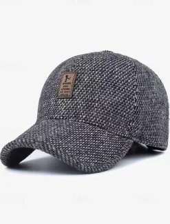 Men's Winter Woolen Baseball Cap with Ear Flaps – Warm and Stylish Herringbone Pattern Hat, Available in Gray, Dark Gray, and Brown, Perfect for Outdoor Activities in Cold Weather