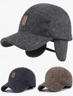 Men's Winter Woolen Baseball Cap with Ear Flaps – Warm and Stylish Herringbone Pattern Hat, Available in Gray, Dark Gray, and Brown, Perfect for Outdoor Activities in Cold Weather