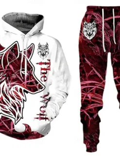 Men's Wolf 2pcs 3D Sweatshirt Sets Tracksuit Hoodie Sweatshirt Long Sleeve Long pants Hooded Streetwear Casual Daily Athleisure 3D Print Graphic Spring Fall Winter Violet Red
