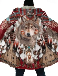 Men's Wolf Winter Coat Fleece Jacket Coat Warm Breathable Comfortable Vintage Abstract Sports & Outdoor Daily Wear Going out Zipper Pocket Print Fall & Winter Hoodie Long Sleeve Burgundy
